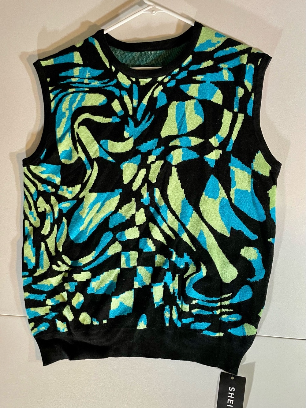 Men’s Black Patterned Knit Sweater Vest with Blue & Lime Accents Shein NWT S